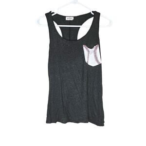 FREE KISSES Dark Gary Baseball Graphic Pocket Sleeveless Racerback Tank Medium